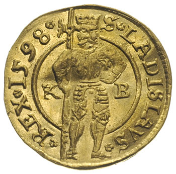 Rudolf II 1576-1608, dukat 1598 / K-B, Krzemnica, złoto 3.44 g, Huszar 1002, gięty, na rancie zacięcie