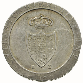 Ferdynand IV 1759-1816, 120 grana (piastra) 1805 / L-D, srebro 26.95 g, Dav. 162, Pagani 10, CNI XX/613/39, patyna