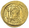 Justynian I 527-560, solidus 542-552, Konstantynopol, oficyna E, Aw: Popiersie cesarza w hełmie z ..