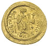 Justynian I 527-560, solidus 542-552, Konstantynopol, oficyna E, Aw: Popiersie cesarza w hełmie z ..