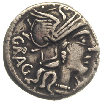 L. Antestius Gragulus 136 pne, denar, Rzym, Aw: Głowa Romy w skrzydlatym hełmie w prawo, za nią CRAG, u dołu X, Rw: Jowisz z wiązką piorunów i berłem w kwadrydze w prawo, u dołu w ligaturze L. ANTE(S), w odcinku ROMA, srebro 3.84 g, Craw. 238/1, patyna