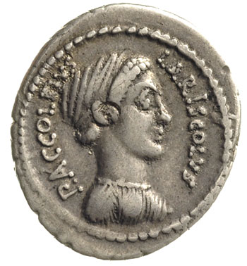 P. Accoleius Lariscolus 43 pne, denar, Rzym, Aw: