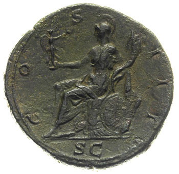 Hadrian 117-138, sestercja, Aw: Popiersie w wieńcu laurowym w lewo, HADRIANVS AVGVSTVS, Rw: Roma siedząca na tronie w lewo, trzymająca Wiktorię i róg obfitości, obok tronu tarcza, COS III / SC, brąz 21.57 g, RIC - (636 ale inny typ popiersia), bardzo ładna zielona patyna