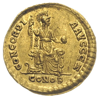 Walentnian II 375-395, solidus 378-383, Konstantynopol, Aw: Popiersie w diademie w prawo, Rw: Constantinopolis z włócznią i globem siedząca na tronie w prawo, u stóp po lewej dziób galery, CONCORDI-A AVGGG Z, w odcinku CONOB, złoto 4.44 g, RIC 67b. piękny egzemplarz