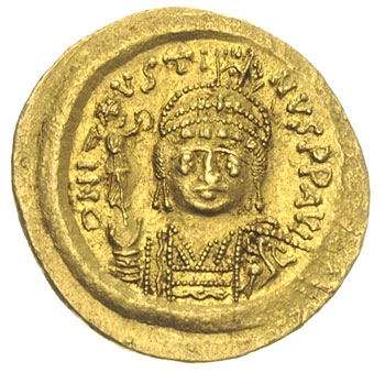 Justyn II 565-578, solidus 565-578, Konstantynopol, Aw: Popiersie w diademie z Wiktorią na globie na wprost, Rw: Constantinopolis z włócznią i globem z krzyżem na wprost, z głową w prawo, VICTORI-A AVGGG Γ, w odcinku CONOB, złoto 4.47 g, DOC 4 (ale brak oficyny Γ), Sear 345, bardzo ładnie zachowane