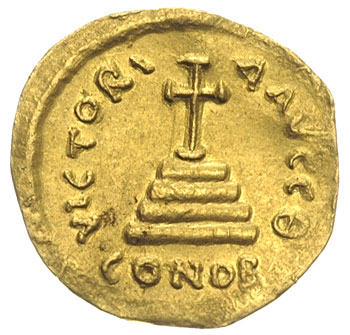 Tyberiusz II Konstantyn 578-582, solidus 579-582, Konstantynopol, Aw: Popiersie z krzyżem na globie i tarczą w koronie na wprost, Rw: Krzyż na czterostopniowej podstawie, VICTORI-A AVGG Θ / CONOB, złoto 4.43 g, DOC 4, Sear 422, lekko niedobity