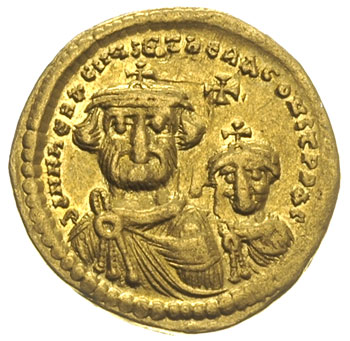 Herakliusz i Herakliusz Konstantyn 613-631, solidus 613-613, Konstantynopol, Aw: Dwa popiersia w koronach na wprost, powyżej krzyżyk, Rw: Krzyż na czterostopniowej podstawie, w polu I, VICTORIA AVGЧ E / CONOB, złoto 4.32 g, DOC 10 (ale nie notuje oficyny E)