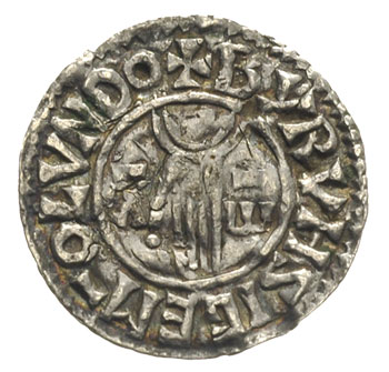 Aethelred II 978-1016, denar typu first hand, Londyn, mincerz Byrhsige, Aw: Popiersie w lewo, Rw: Dłoń, srebro 1.50 g, Spink 1144