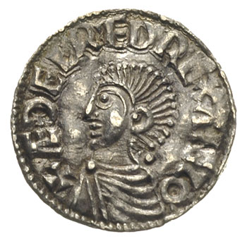 Aethelred II 978-1016, denar typu long cross, Lincoln, mincerz Edelnod, Aw: Popiersie w lewo, Rw: Długi krzyż, srebro 1.72 g, Spink 1151