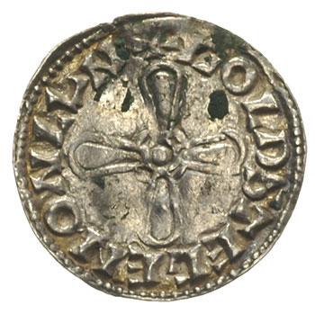 Harold I 1035-1040, denar typu jewel cross 1036-1038, Londyn, mincerz Goltsige, Aw: Popiersie w lewo, Rw: Krzyż o rozszerzających się ramionach, srebro 1.11 g, Spink 1163