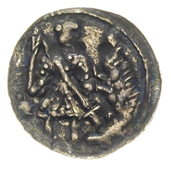 Bolesław III Krzywousty 1107-1138, denar, Aw: Rycerz przebijający włócznią smoka, Rw: Krzyż patriarchalny, w polach kulki, srebro 0.34 g, Str. 39, patyna