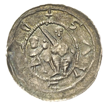 Władysław Wygnaniec 1138-1146, denar, Aw: Książe z mieczem na tronie obok giermek, Rw: Rycerz walczący z lwem, srebro 0.52 g, Str. 40