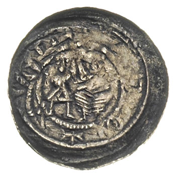 Władysław Wygnaniec 1138-1146, denar, Aw: Książe z mieczem na tronie, obok giermek, Rw: Rycerz walczący z lwem, srebro 0.68 g, Str. 40, patyna