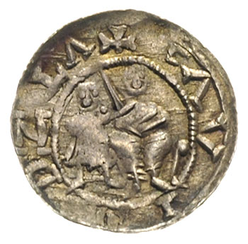 Władysław Wygnaniec 1138-1146, denar, Aw: Książe z mieczem na tronie, obok giermek, Rw: Rycerz walczący z lwem, srebro 0.63 g, Str. 40