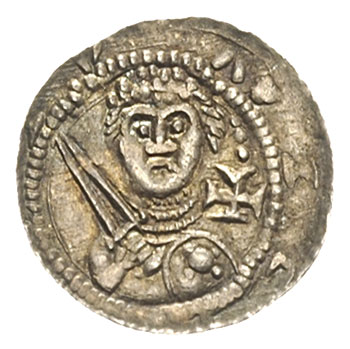 Władysław Wygnaniec 1138-1146, denar, Aw: Książe z mieczem, w polu N, Rw: Biskup z pastorałem i biblią, srebro 0.50 g, Str. 42