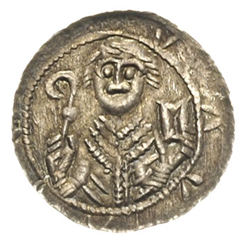 Władysław Wygnaniec 1138-1146, denar, Aw: Książe z mieczem, w polu N, Rw: Biskup z pastorałem i biblią, srebro 0.50 g, Str. 42