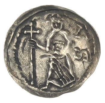 Śląsk, Bolesław I Wysoki 1163-1201, denar, Aw: Biskup z krzyżem, Rw: Rycerz walczący z lwem, srebro 0.34 g, Str. 46