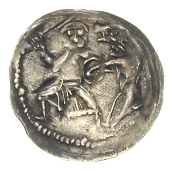 Śląsk, Bolesław I Wysoki 1163-1201, denar, Aw: Biskup z krzyżem, Rw: Rycerz walczący z lwem, srebro 0.34 g, Str. 46