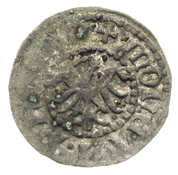 Siemowit IV 1374-1425, trzeciak, Płock, Aw: Litera S z kółkami w polu, napis wokoło, Rw: Orzeł, napis w otoku, 0.71 g, rzadki