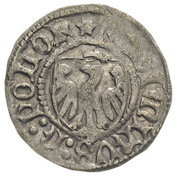 Kazimierz Jagiellończyk 1446-1492, szeląg elbląski, Aw: Orzeł w tarczy, powyżej korona, Rw: Herb Elbląga, srebro 1.44 g