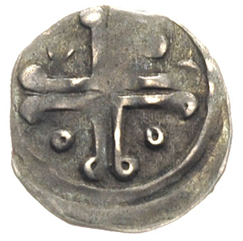 Barnim I 1220-1278, denar po 1264, mennica nieustalona, Aw: Stojący książę trzymający w rękach dwie głowy gryfów, poniżej w polu kulki, Rw: Krzyż ozdobny dwunitkowy, 0.41 g, Dbg 67