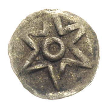 Stargard- miasto, denar II połowa XV w, Aw: Szeroka sześcioramienna gwiazda z kółkiem w środku, Rw: Gryf w lewo, 0.26 g, Dbg 243, patyna