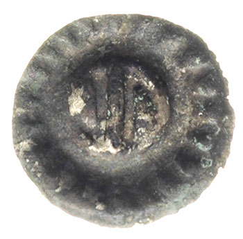 Nieokreślone mennictwo pomorskie, brakteat II połowa XIV w lub początek XV w, Dwa haki, w tym jeden do góry nogami, w obwódce promienistej, 0.14 g, Dbg -, bardzo rzadka moneta, nieopisana w literaturze, patyna