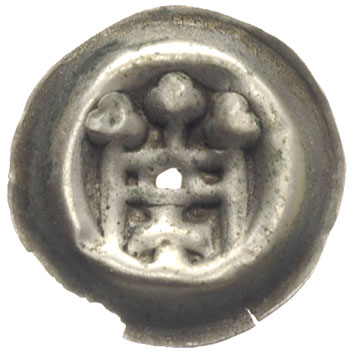 brakteat ok. 1327-1338, Brama zwieńczona trójlistkami, w bramie krzyż, 0.19 g, BRP Prusy T10.6, dziura w środku