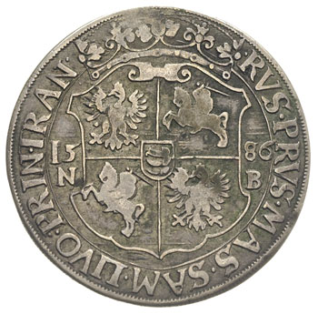 talar 1586 Nagybanya, Aw: Półpostać króla i napis wokoło, Rw: Tarcza herbowa i napis wokoło, H-Cz. 757 (R2), Dav. 8457, T. 80, rzadki, patyna