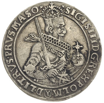 talar 1630, Bydgoszcz, odmiana z wąskim popiersiem króla i kokardą na plecach, 28.25 g, Dav. 4315, T. 6, nierównomierna patyna