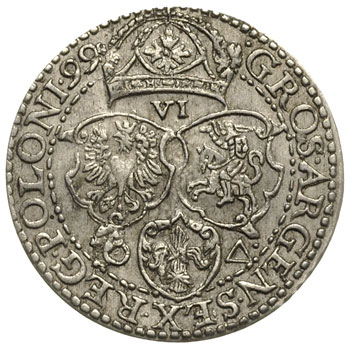 szóstak 1599, Malbork, na awersie mała głowa króla i nie wykończone litery DG, ładnie zachowany egzemplarz