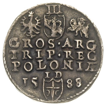 trojak 1588, Olkusz, odmiana z literami CR przy koronie, Iger O.88.7.a (R6), bardzo rzadka moneta w ładnym stanie zachowania, patyna