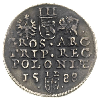 trojak 1588, Olkusz, odmiana z dużą głową króla, Iger O.88.6.e (R3), rysy w tle, ciemna patyna