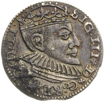 trojak 1590, Ryga, odmiana z dużą głową króla, Iger R.90.2.c (R2), Gerbaszewski 11, nieco nierównomierna patyna