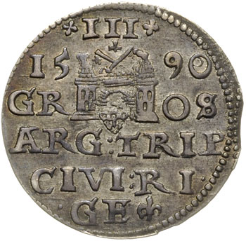 trojak 1590, Ryga, odmiana z dużą głową króla, Iger R.90.2.c (R2), Gerbaszewski 11, nieco nierównomierna patyna