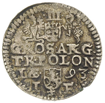 trojak 1593, Olkusz, znak menniczy pod herbem Lewart, Iger O.93.8.a (R3), rzadki, patyna