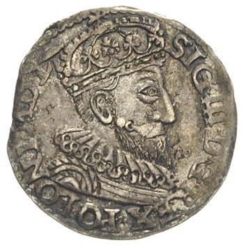 trojak 1593, Olkusz, bez znaku menniczego, Iger O.93.4.c (R1), moneta wybita z końca blachy, na rewersie intensywna ciemna patyna