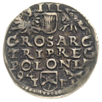trojak 1594, Poznań, data z lewej strony monety, Iger P.94.1.c, ciemna patyna