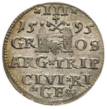 trojak 1595, Ryga, odmiana napisu LIV, Iger R.95.1.h (R), awers Gerbaszewski -, rewers Gerbaszewski 1