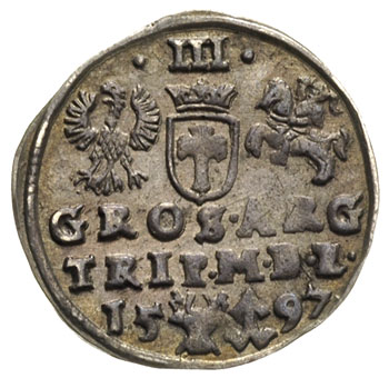 trojak 1597, Wilno, mała głowa króla, głowa wołu u dołu rewersu, Iger V.97.2.a (R),Ivanauskas 5SV51-28, jasna patyna