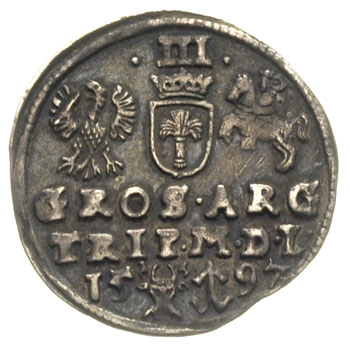 trojak 1597, Wilno, szeroka kryza pod szyją króla, głowa wołu u dołu rewersu, Iger V.97.2.a (R), Ivanauskas 5SV50-27, ciemna patyna