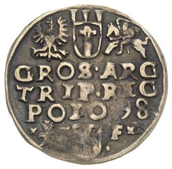 trojak 1598, Wschowa, na rewersie znak menniczy po lewej i litera F po prawej stronie monety, Iger W.98.1.b (R), patyna