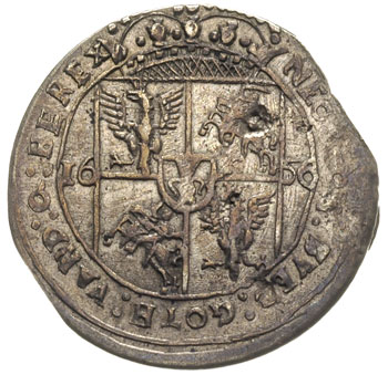 ort 1656, Lwów, odmiana z małą głową króla, T. 4, obcięty krążek, uszkodzenia tła, ale bardzo wyraźny i ładnie zachowany egzemplarz jak na ten typ monety, patyna