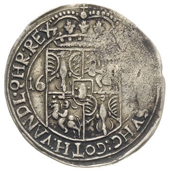 ort 16(56), Lwów, odmiana z małą głową króla, T. 4, charakterystyczne dla tego typu monet wady bicia, patyna
