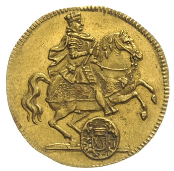 dukat wikariacki 1711, Drezno, Aw: Król na koniu, Rw: Dwa stoły z insygniami monarszymi, złoto 3.47 g, Merseb. 1487, Fr. 2822, ładnie zachowany egzemplarz