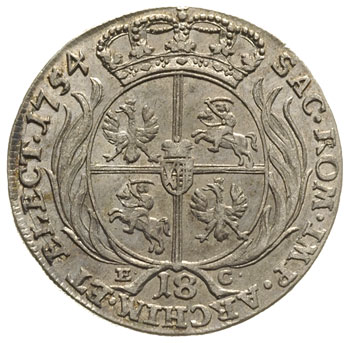 ort 1754, Lipsk, szerokie popiersie i bardzo duża głowa króla, Merseb. 1779, ładny egzemplarz, delikatna , patyna