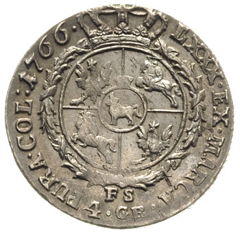 złotówka 1766, Warszawa, na tarczy herbowej duże Orły i Pogonie, Plage 273, drobna wada blachy, justowana