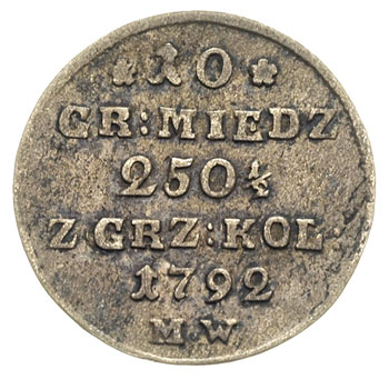 10 groszy miedziane, 1792, Warszawa. litery MW, Plage 237, nierównomierna patyna