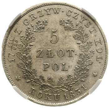 5 złotych 1831, Warszawa, Plage 272, moneta w pudełku NGC - AU 58, bardzo ładny egzemplarz