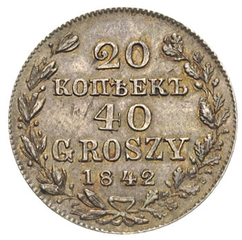 20 kopiejek = 40 groszy 1842, Warszawa, Plage 389, Bitkin 1256 (R),rzadka moneta w pięknym stanie zachowania z delikatną patyną